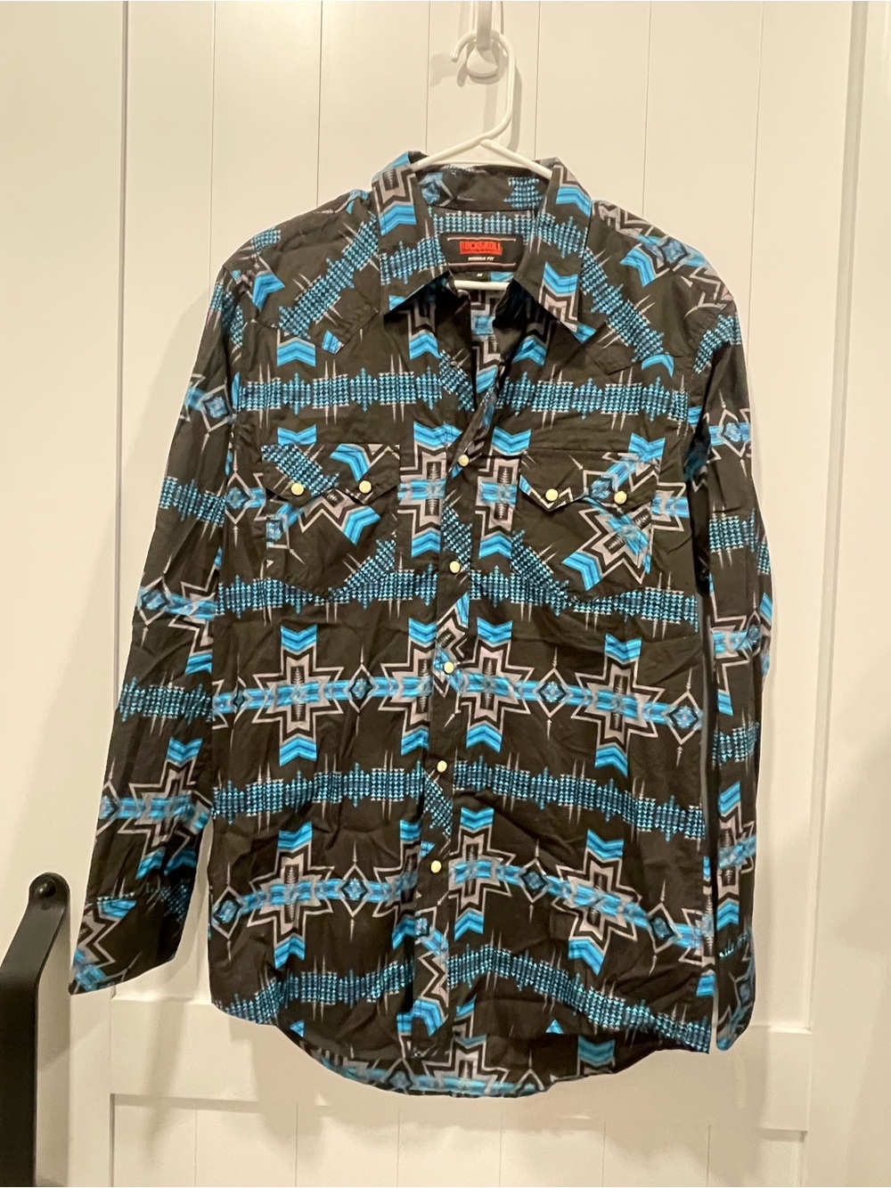 Rock & Roll Cowgirl Men’s Black & Blue Patterned Button-Down Shirt M